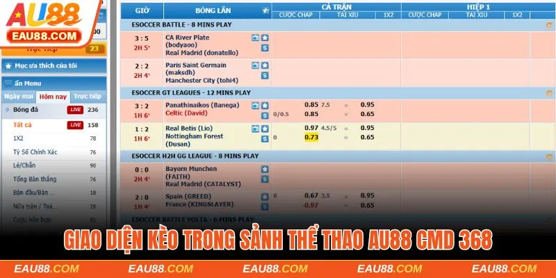Giao diện kèo trong sảnh thể thao AU88 CMD 368